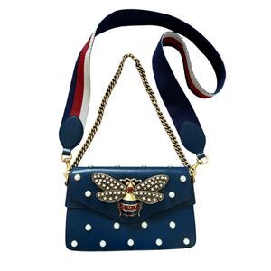 Authentic Gucci Queen Margaret Bee Pearl Studded Shoulder Crossbody Bag Blue